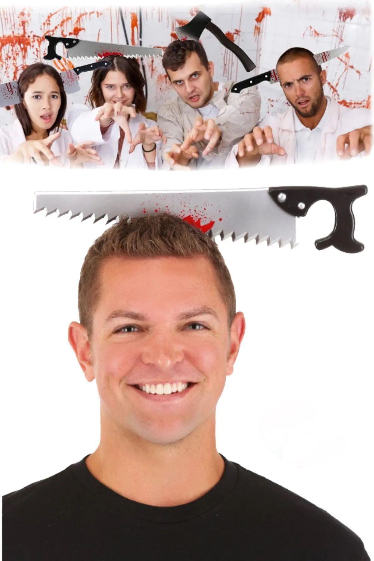 Kafaya Geçen Testere Taç Halloween Partisi Cadılar Bayramı Tacı Sıçramış Kan Ve Akan Kan Detaylı Şaka