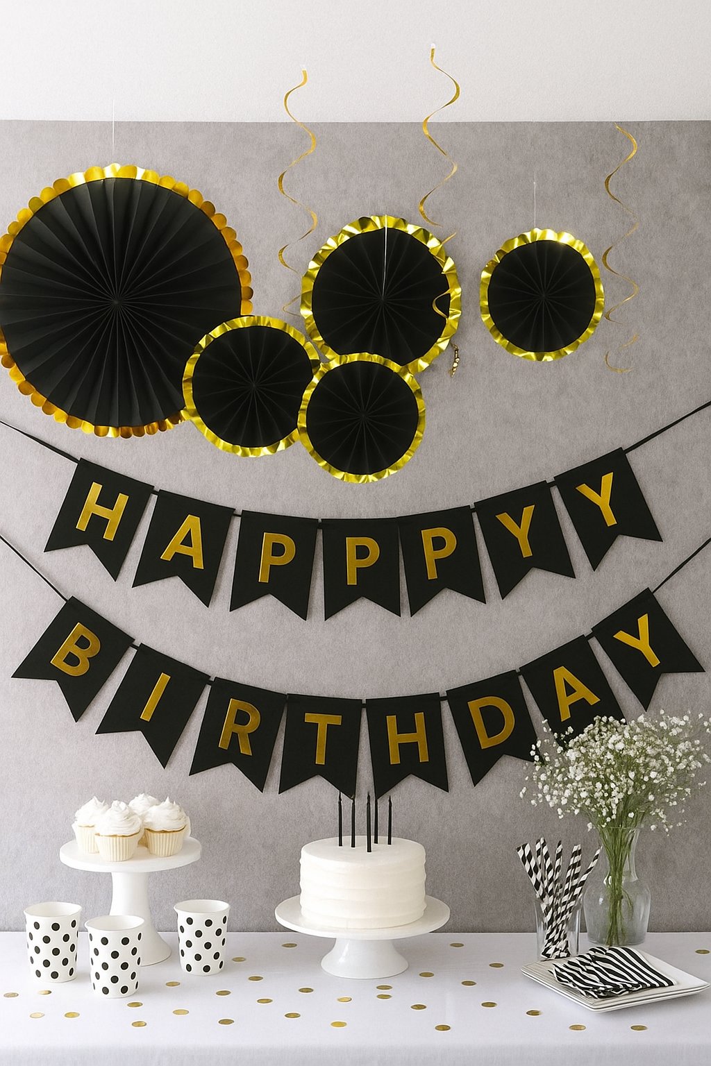 Kağıt Yelpaze Varaklı SİYAH gold kenarlı 6 lı set