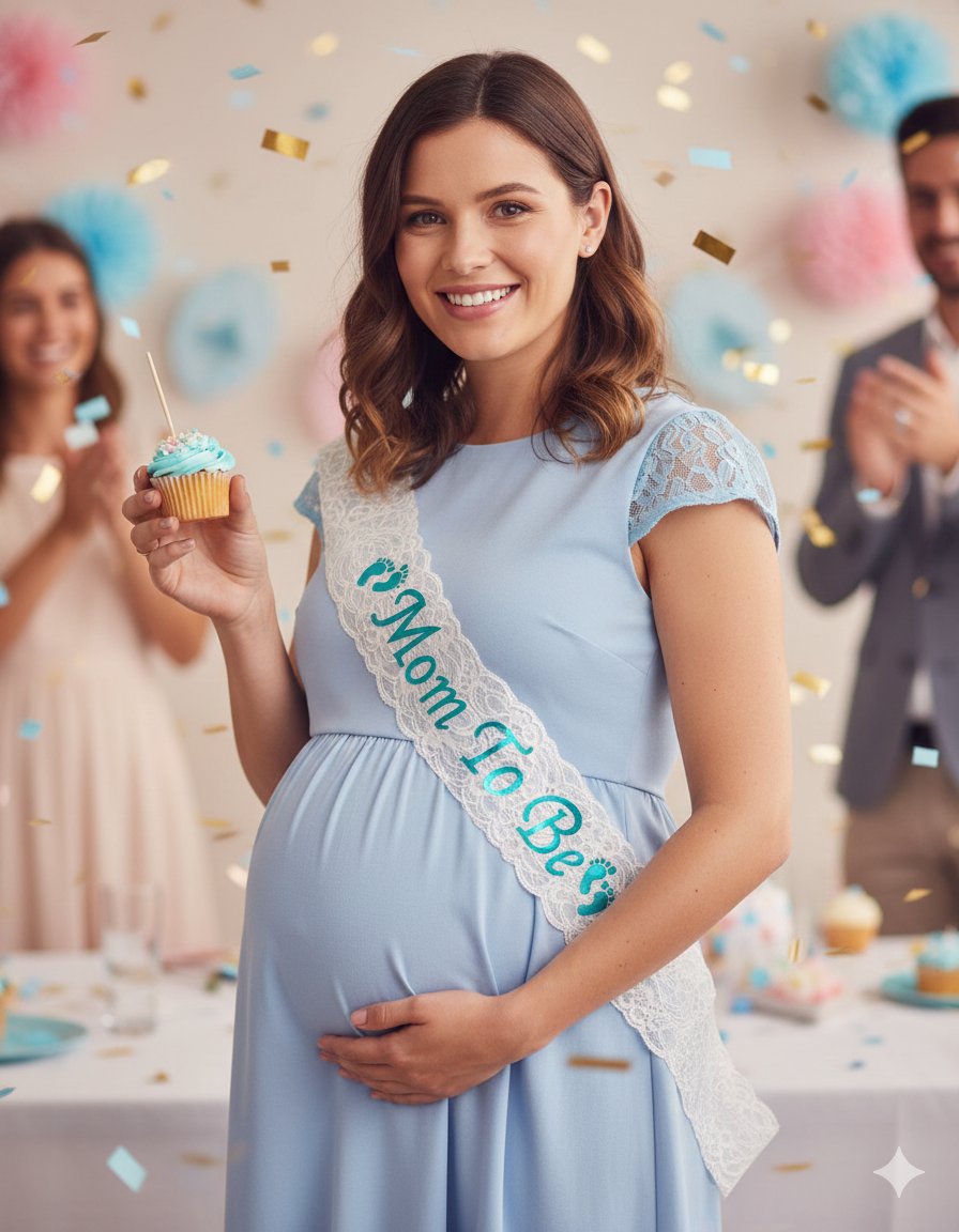 Kuşak Dantelli Mom To Be Anne ol.beyaz üstü MAVİ