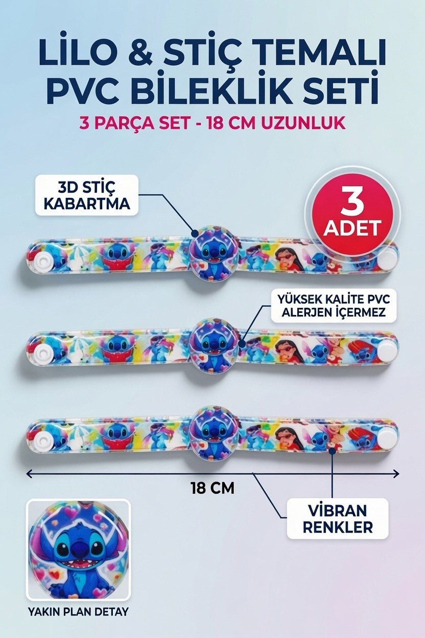 Lilo ve Stitch Temalı PVC Bileklik 3 Adet 18 Cm Çocuk Parti ve Günlük Kullanım