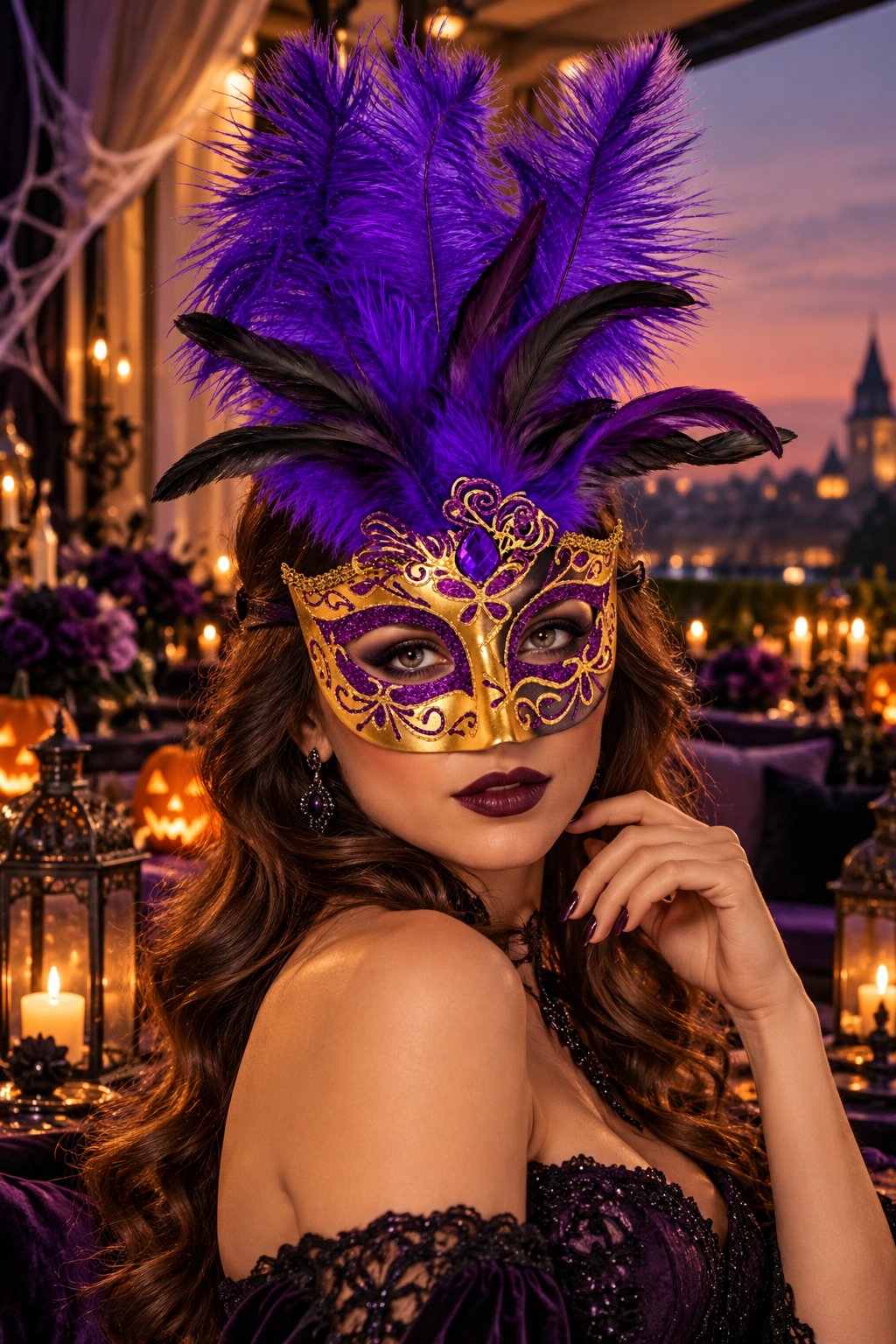 Maske Mor Gold Tüylü Venedik Maskesi Taşlı Simli yılbaşı-halloween parti