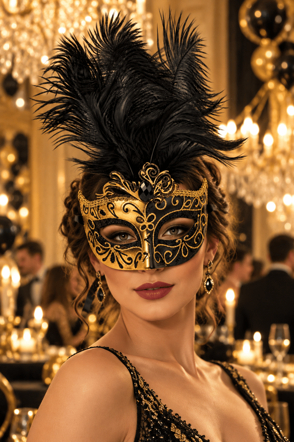 Maske Siyah Gold Tüylü Venedik Maskesi Taşlı Simli yılbaşı-halloween parti