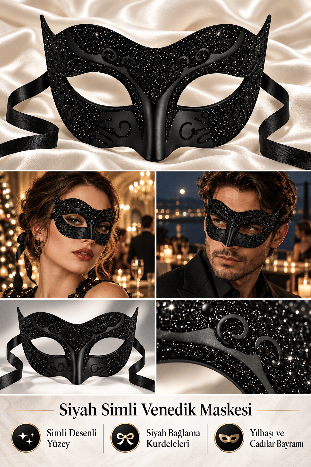 Maske Siyah Simli Venedik Maskesi Desenli Bağcıklı yılbaşı-halloween