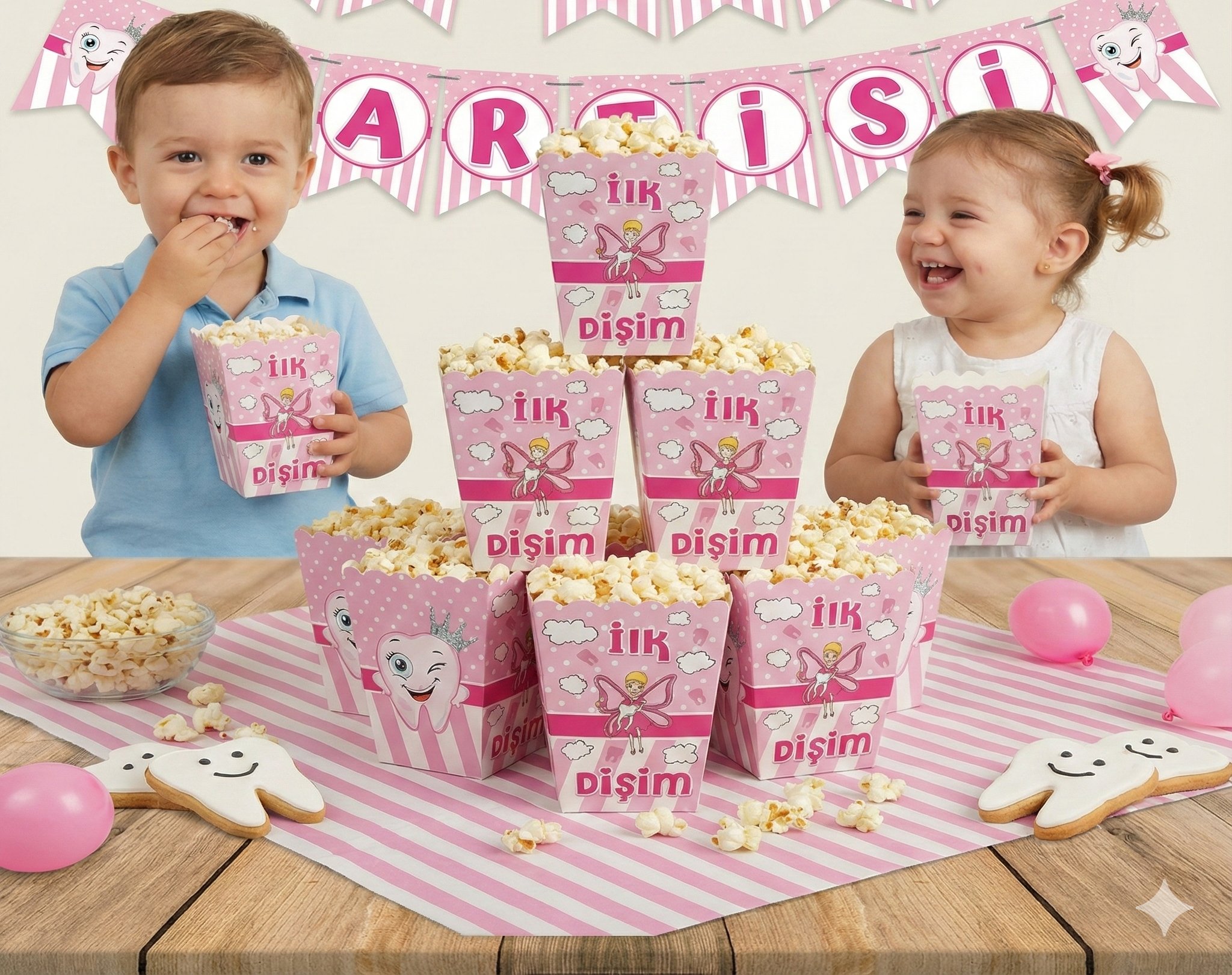 Mısır Kutusu Diş Partisi  pop corn 8 li Kız Pembe Kız Partisi Diş Buğdayı