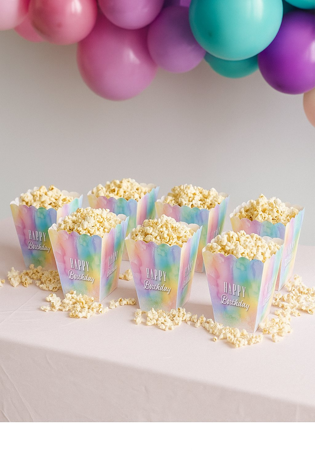 Mısır Kutusu Pop Corn Happy Birthday yazılı Makaron Renklerde  8 li Paket Doğum Günü Eğlencesi