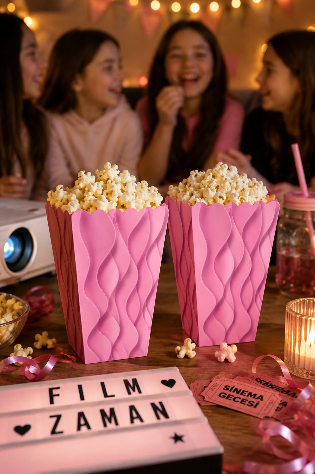 Mısır Kutusu Pop Corn Kutusu  Dalgalı Pembe Desenli / 8 Parça