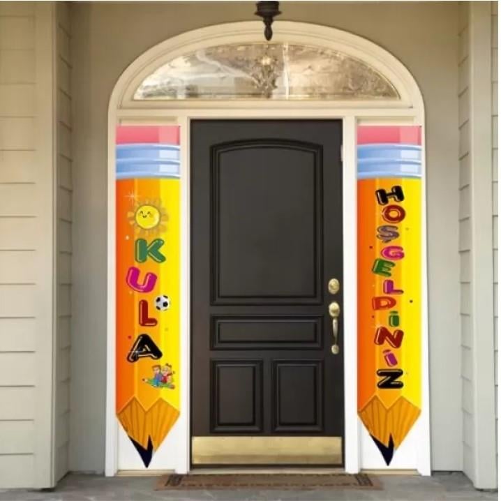 Okula Hoş Geldiniz Kapı Afişi Turuncu 2 li 160*30 cm Branda okul açılış süsü lüks