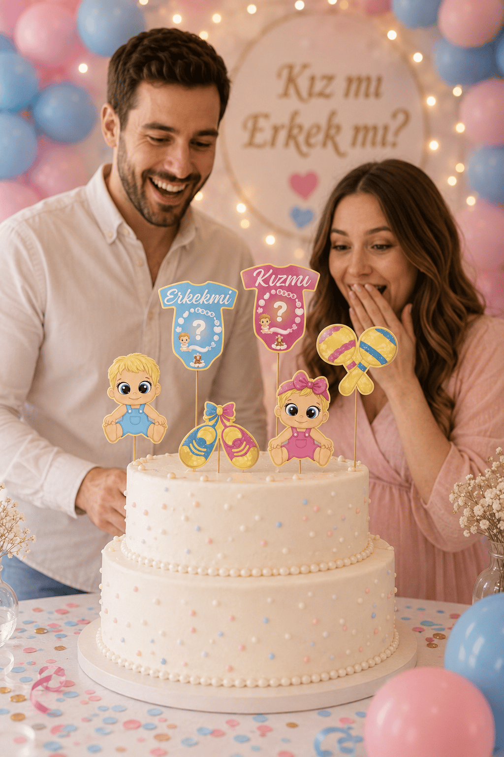 Pasta Süsü Cinsiyet Belirleme Seti 6'lı Kız mı Erkek mi 20x10 cm Baby Shower Parti Dekoru Süs