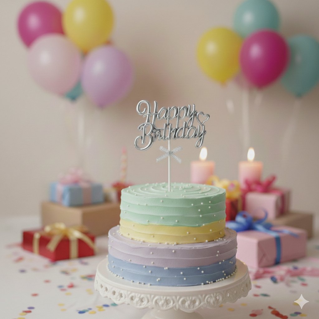 Pasta Süsü KROM Happy Birthday kürdan GÜMÜŞ