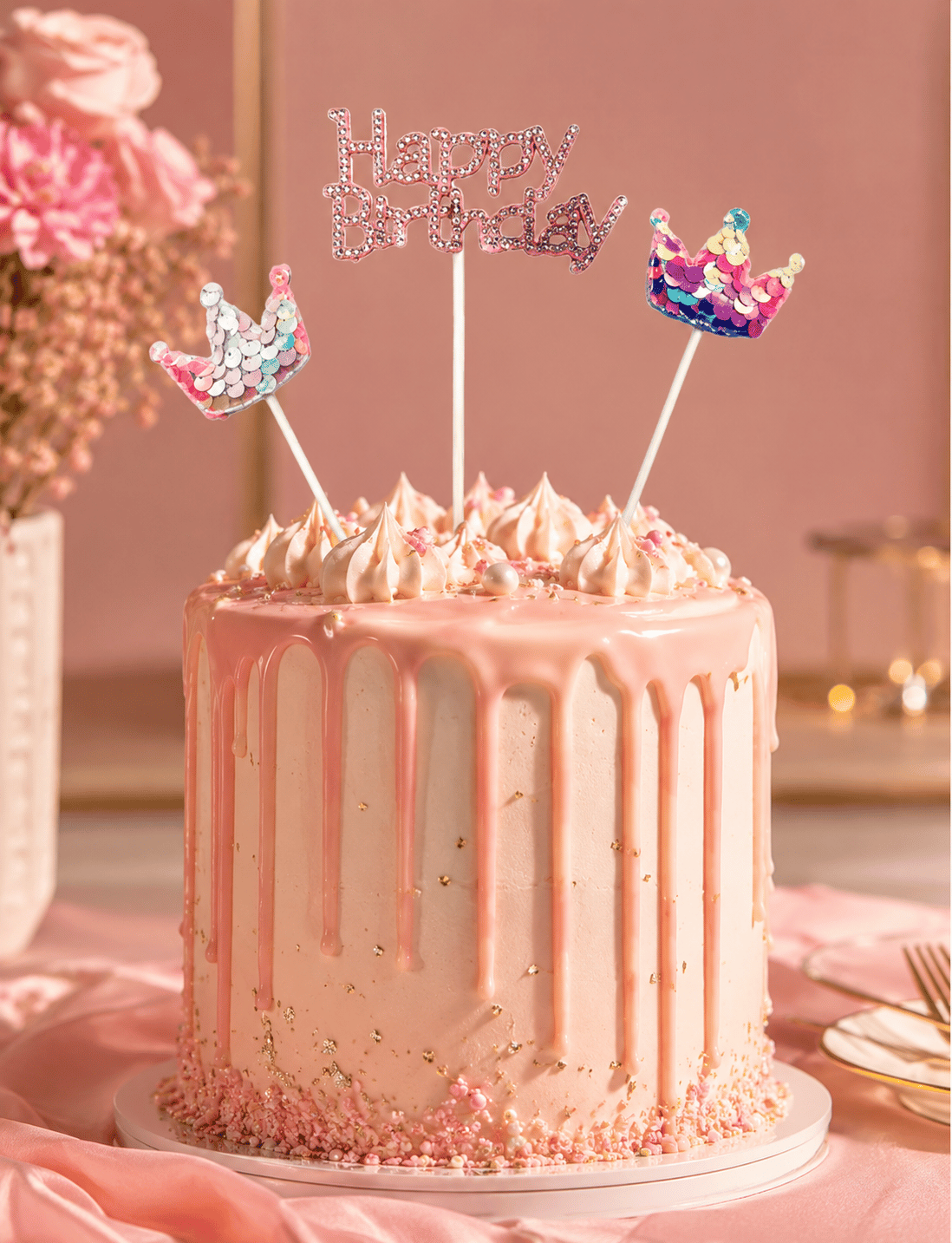 Pasta Üstü Çubuklu Happy Birthday Taşlı Pullu 3 Parça