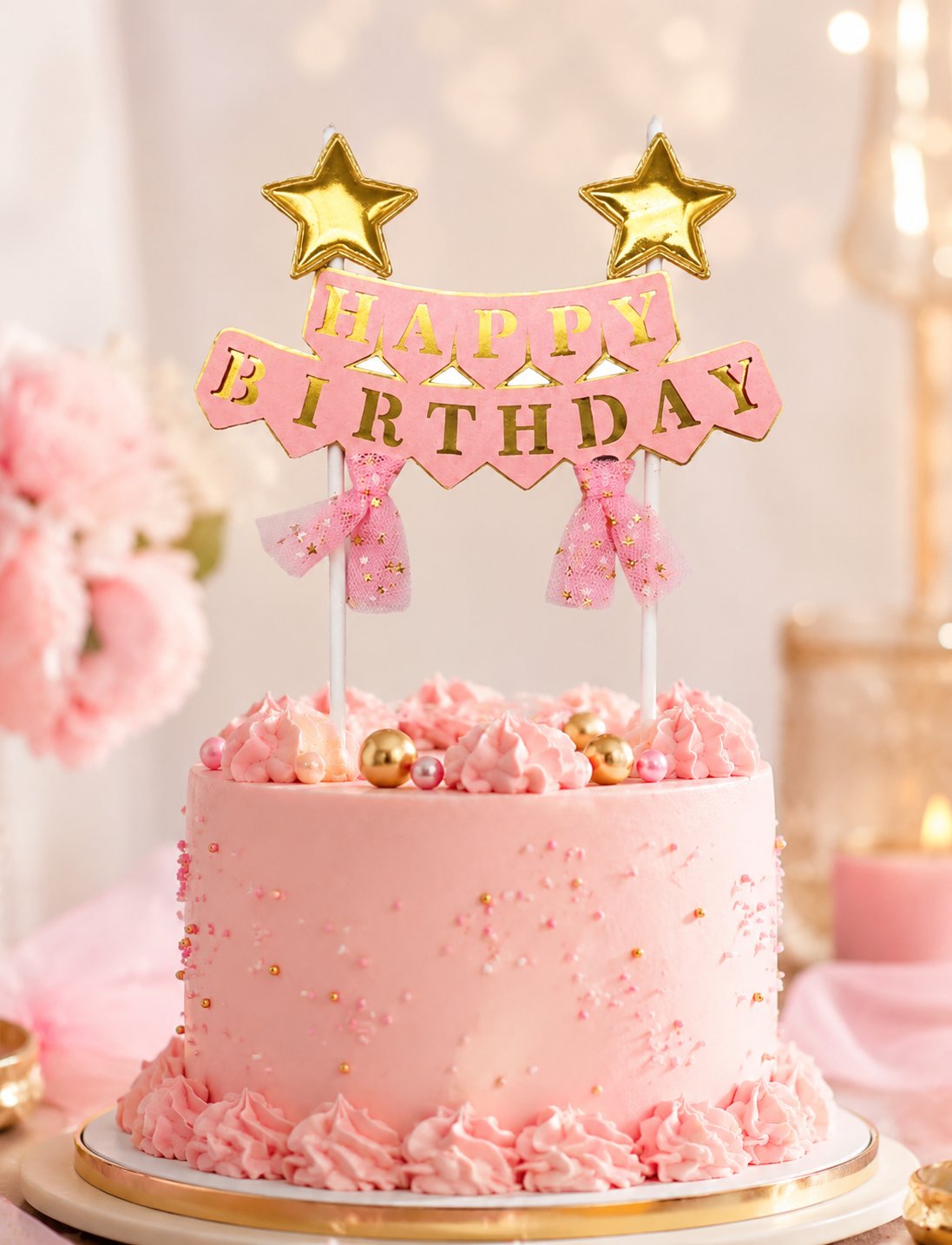Pasta Üstü Çubuklu Happy Birthday Yıldızlı Tüllü Pembe