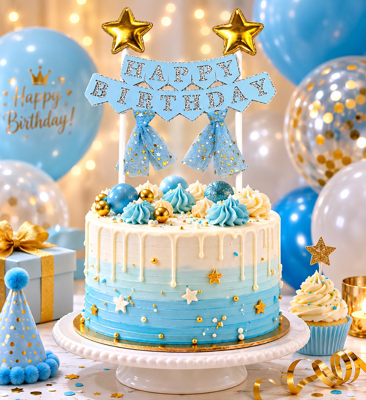 Pasta Üstü Çubuklu Happy Birthday Yıldızlı Tüllü Mavi