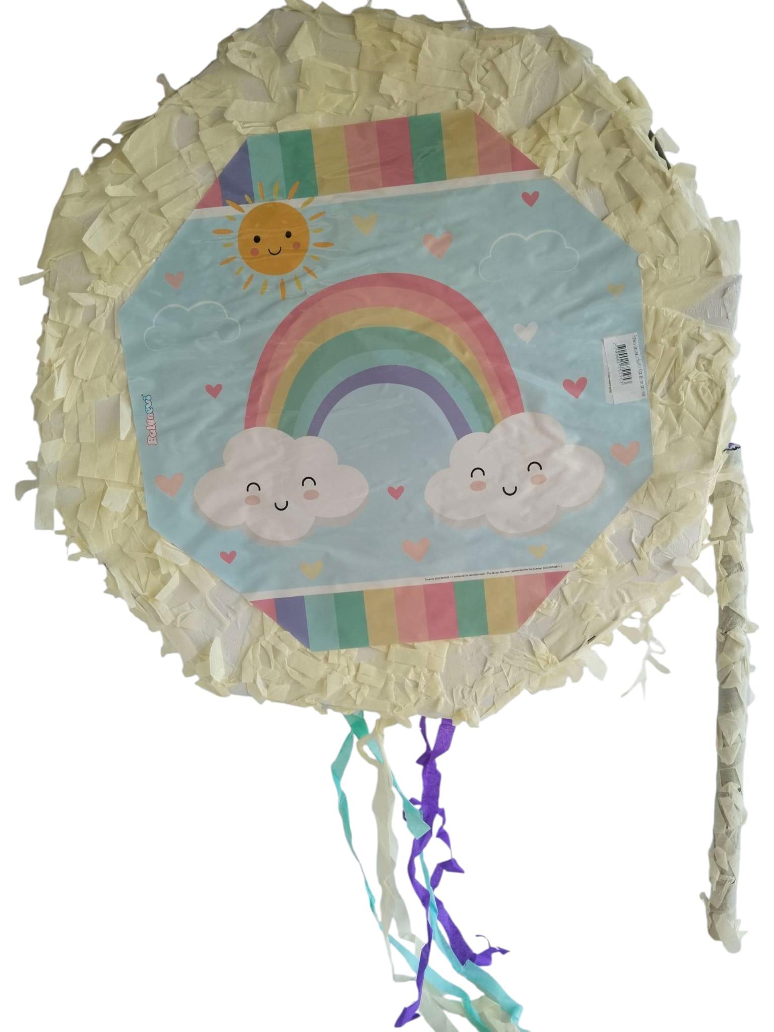 Pinyata Gökkuşaklı-Bulutlu resimler rainbow ile 42cm ahşap sopalı sarı renkli gerçek patlayan doğum günü pinyatası