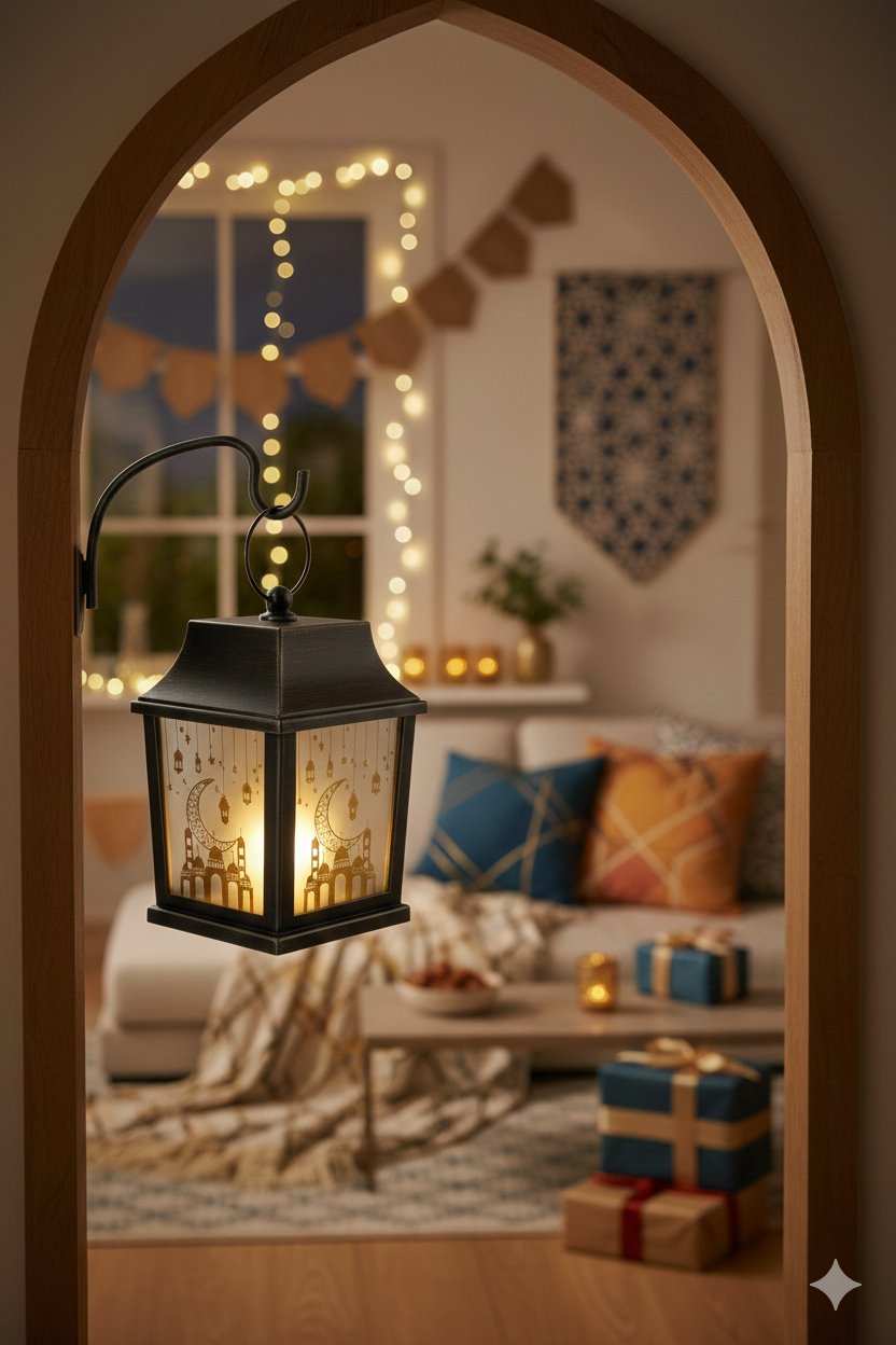 Ramazan Ledli Fener Kare Gümüş Aynalı Model  10 Cm Pil içinde