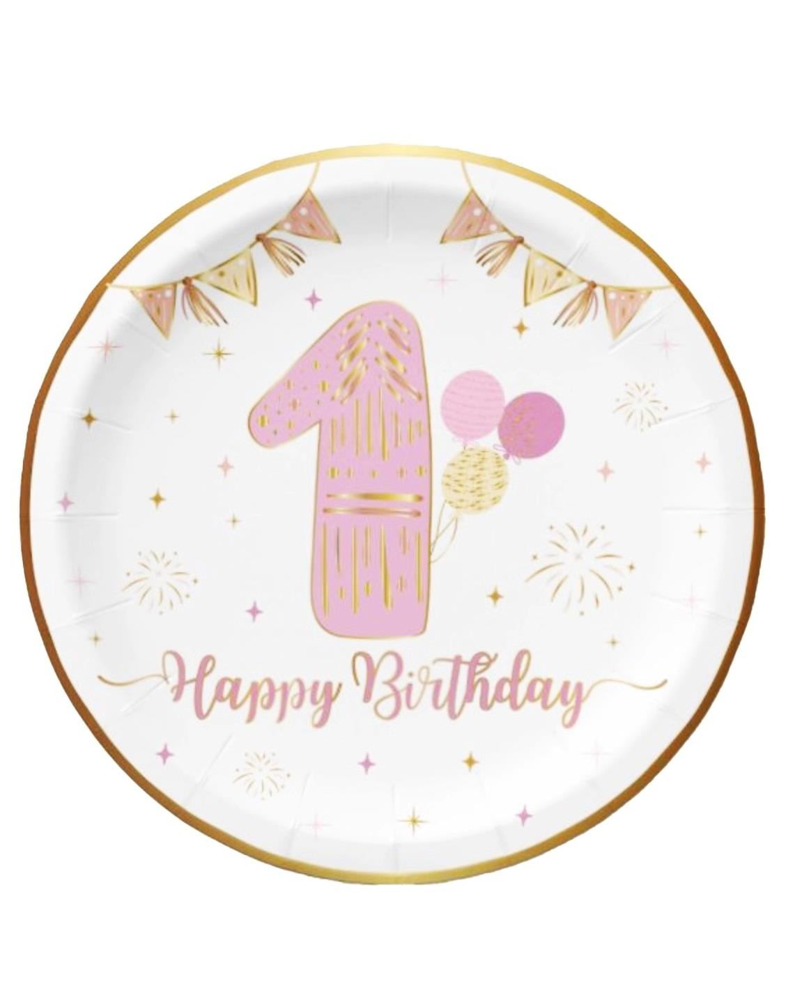 Tabak 1 Yaş Happy birthday PEMBE altın varakl 6lı
