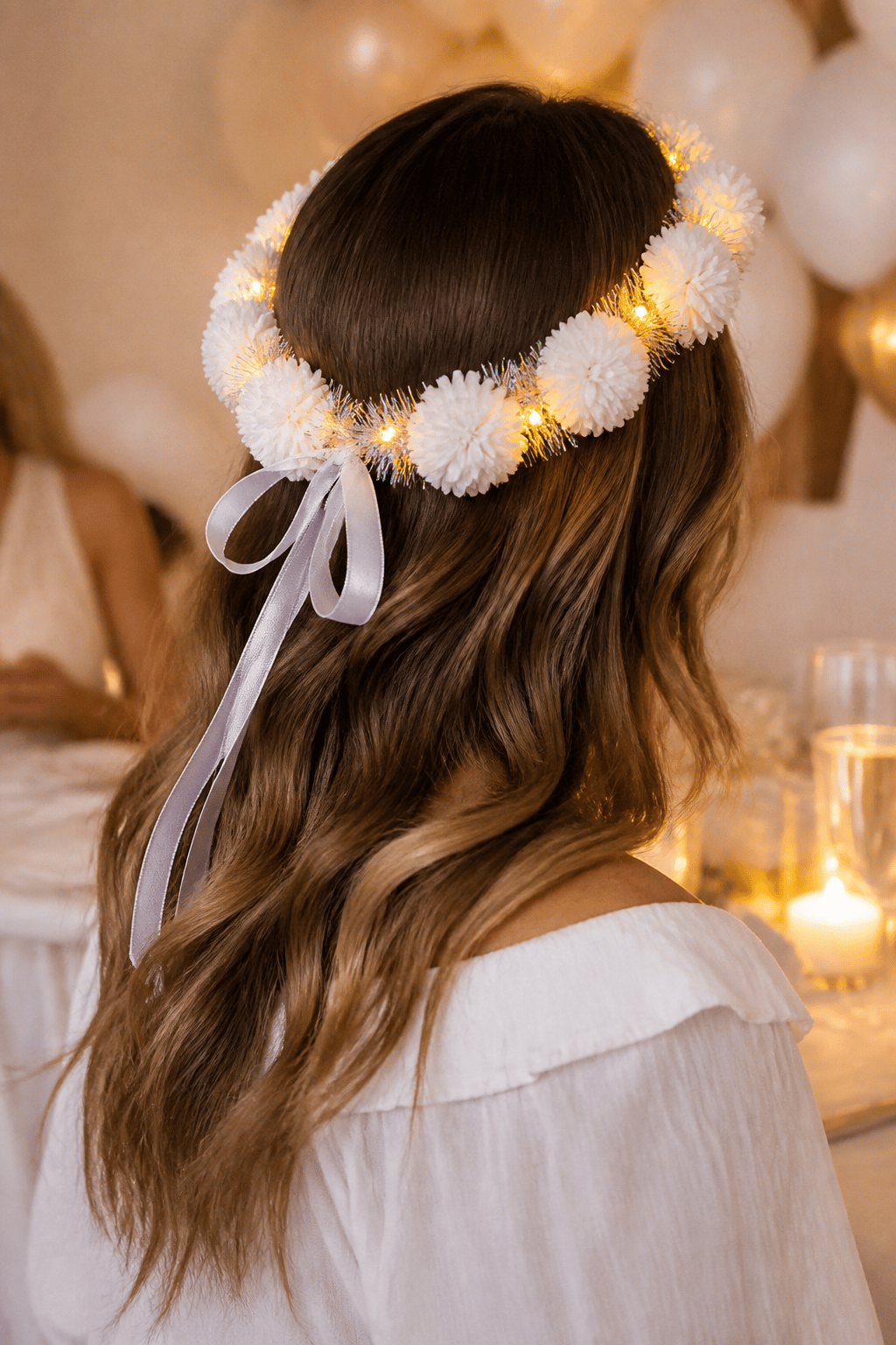 Taç bride Çember ponponlu Çiçekli Işıklı  beyaz 4956