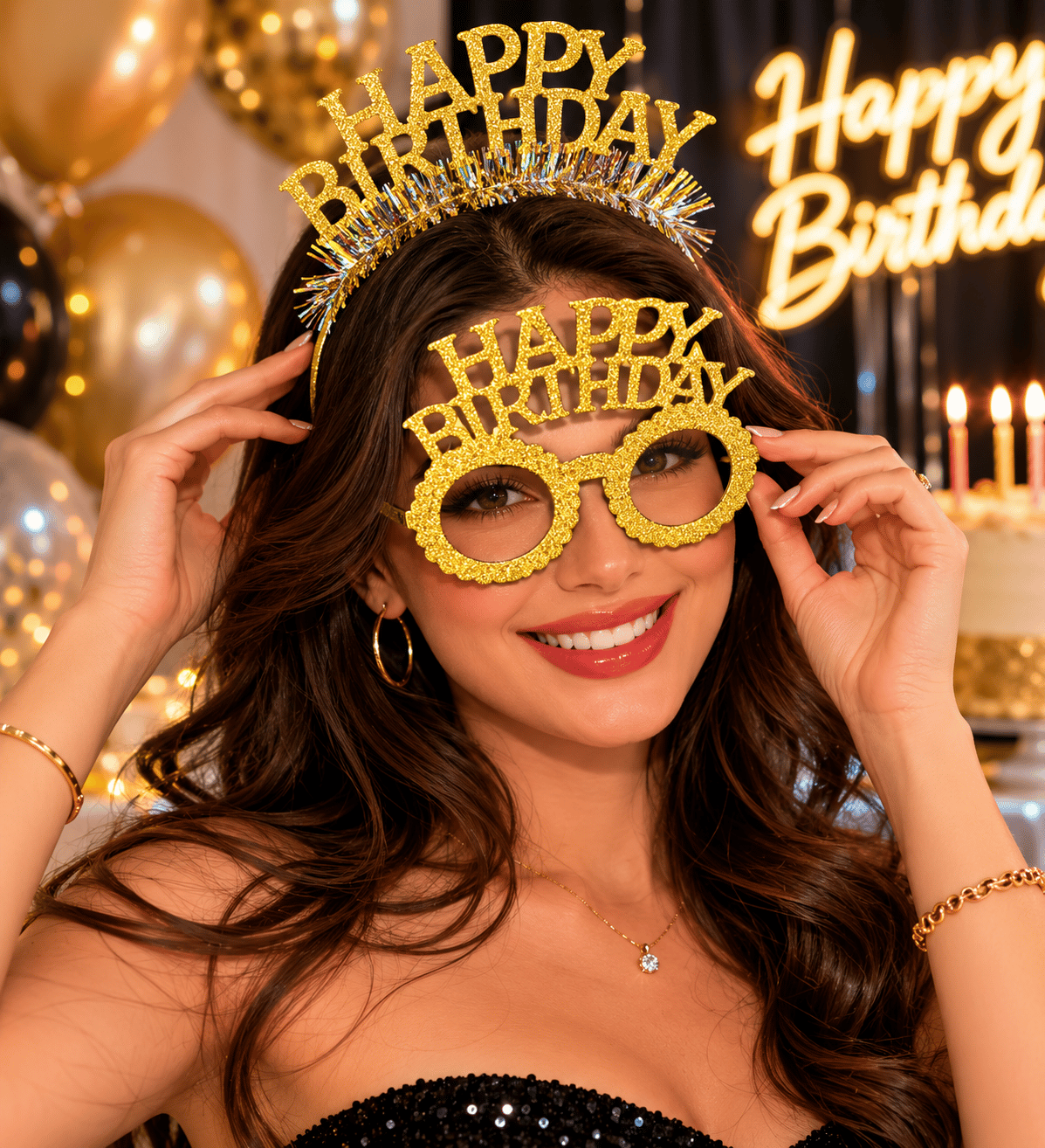 Taç Plastik Taç-Gözlük Set Happy Birth-Simli GOLD