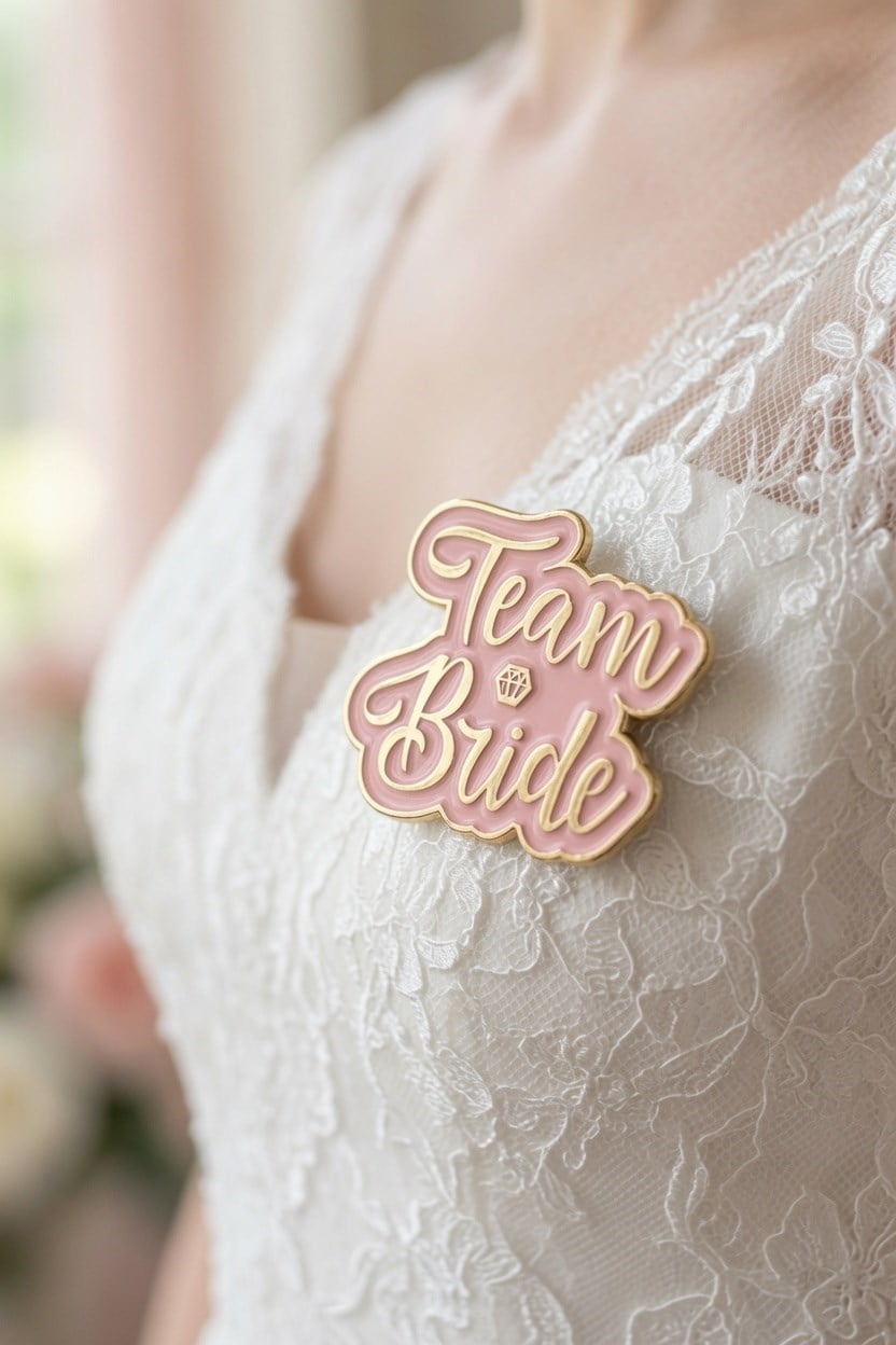 Team bride yaka rozeti pembe üstü gold yazı