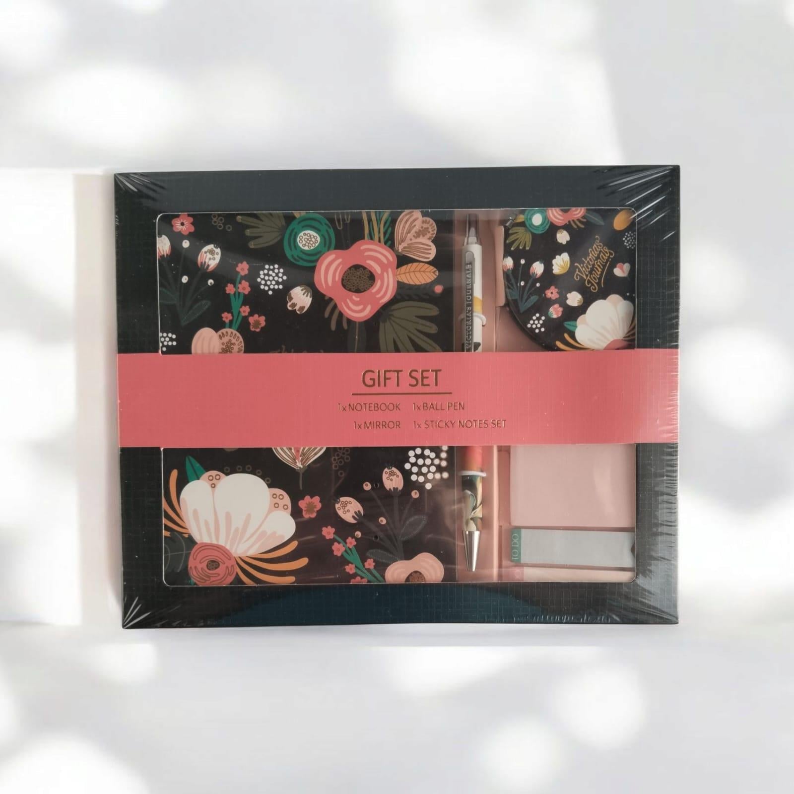 Victoria's Journals Hediye seti13*18 128 sayfa defter + ayna+ tüken. kalem ve 4 lü post it seti siyah zemin çiçek desenli