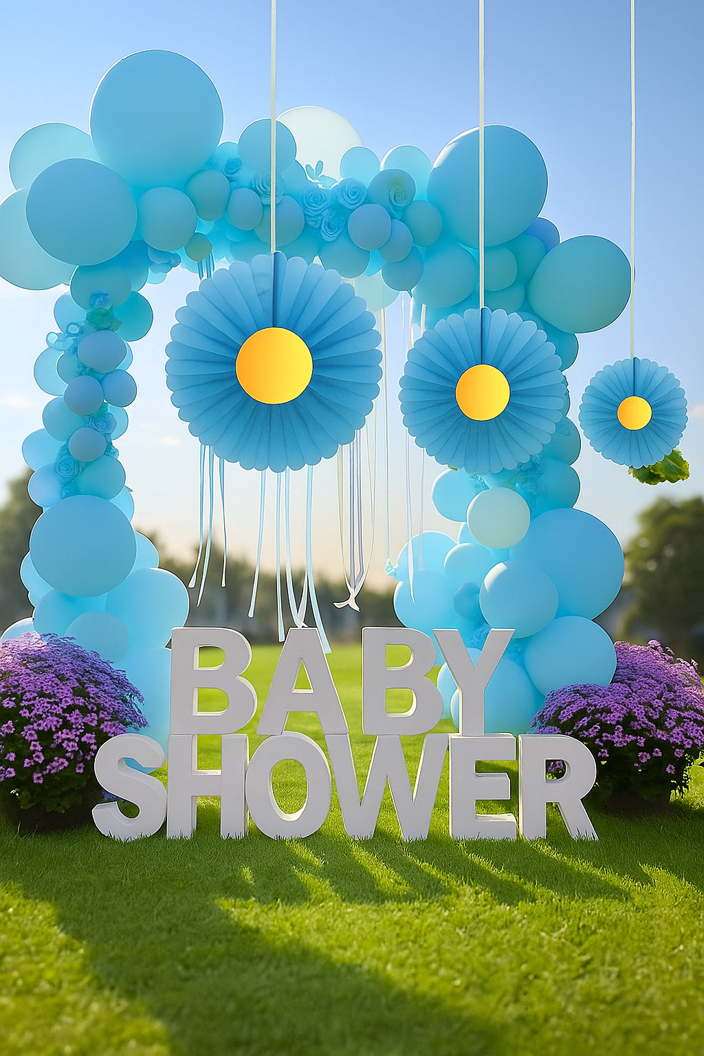 Yelpaze Süs Mavi Papatya 3lü set Ortası Gold Varaklı 20-30-40cm Doğum günü Baby Shower