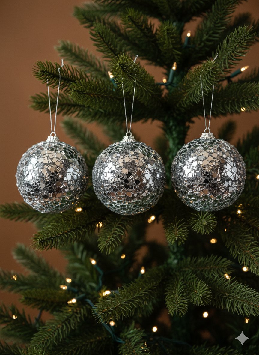 Yılbaşı Ağaç Süsü top süs lüks 8cm X 3 Adet Gümüş Pullu Simli