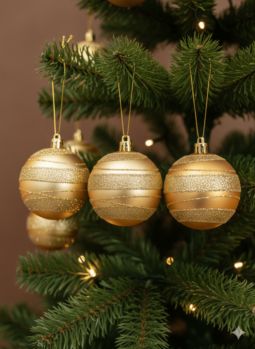 Yılbaşı Çam Ağacı Top Süs 8cm x 3 adet Simli Şeritli Gold Kaliteli Parlak Ağaç Süsü