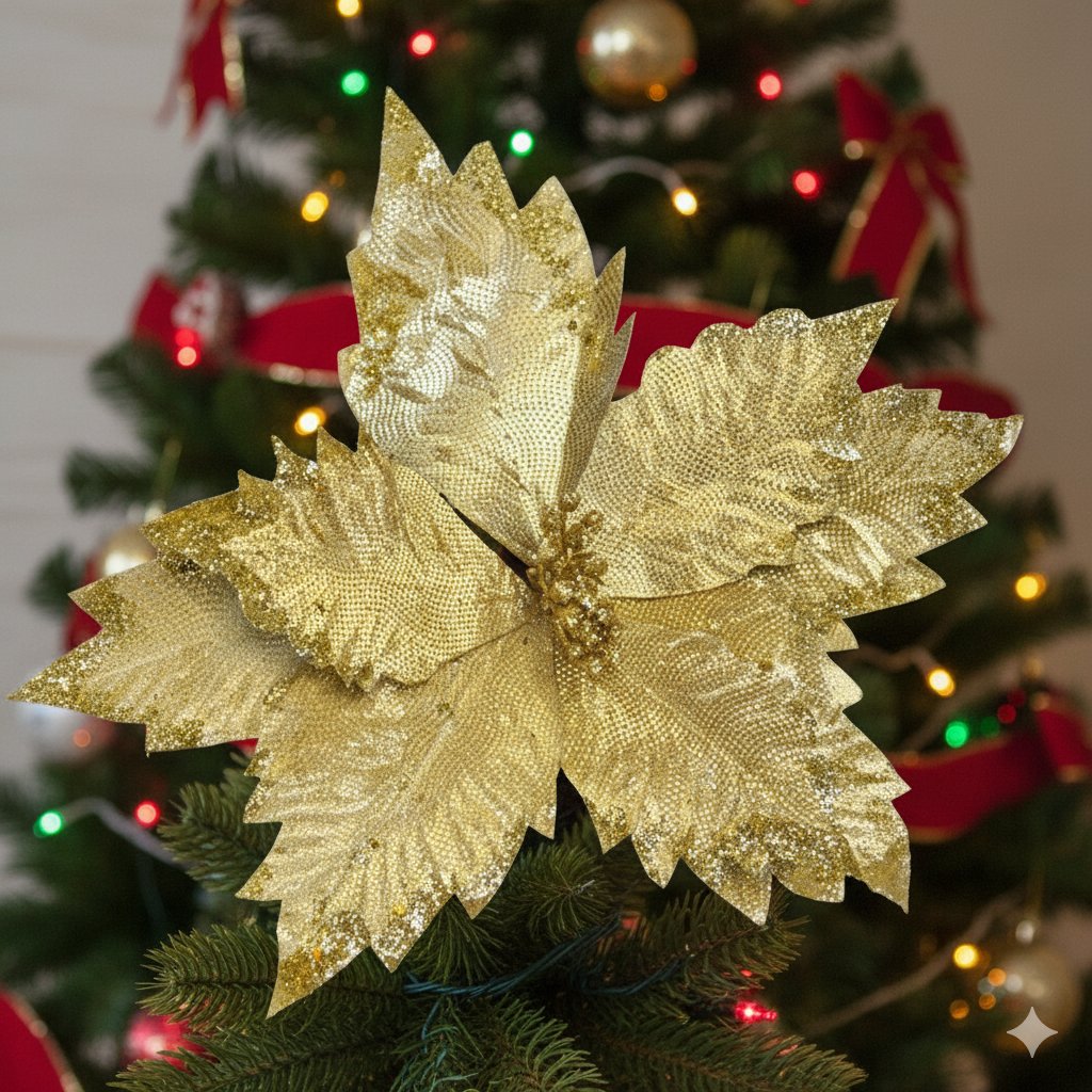 Yılbaşı Çiçeği ponsetya Gold Varaklı 35 cm pullu tomurcuklu Ağaç Süsleri