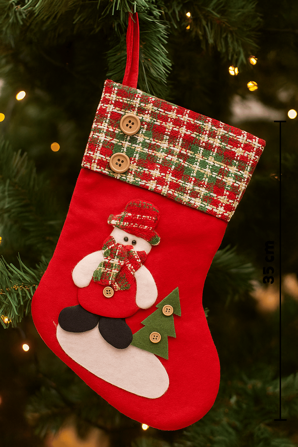 Yılbaşı Çorabı Ekoseli Kardan Adam Figürlü Düğmeli Büyük Boy 35cm Lüks Ağaç süsü