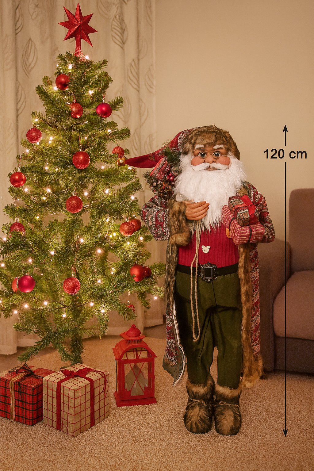 Yılbaşı Noel Baba 120 cm Ekose Kostümlü Hediye Paketli Lüks Özel tasarım ayakta duran noel baba