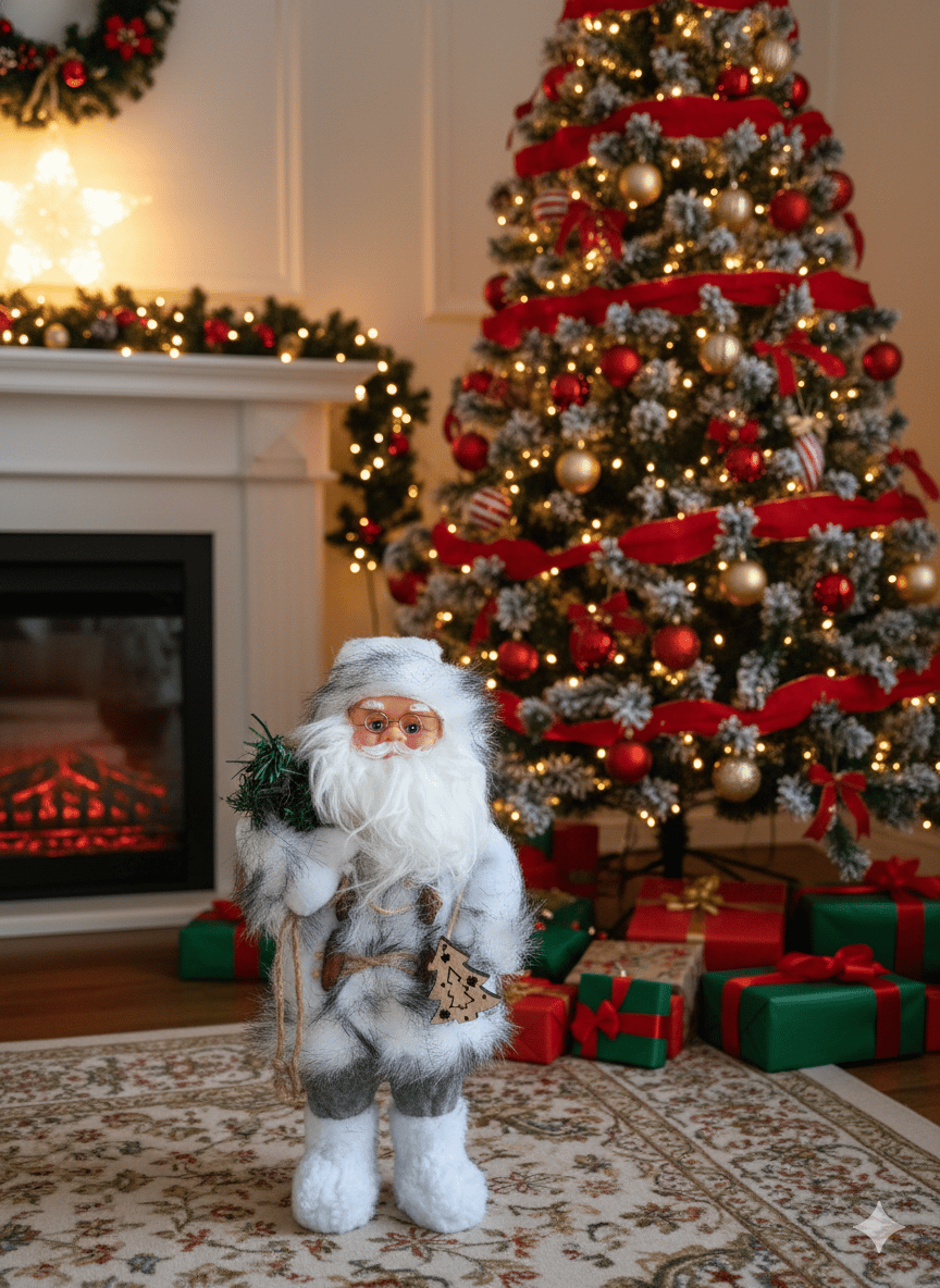 Yılbaşı Noel baba 30 cm Beyaz Ağaçlı Pilli Hareketli Sesli