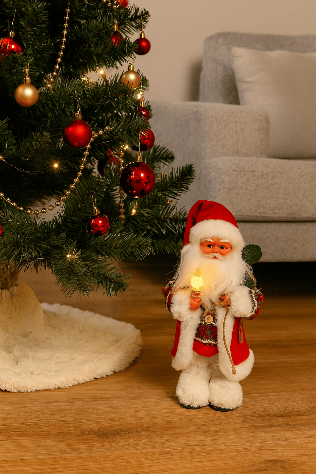 Yılbaşı Noel Baba 30 CM Lambalı Yeşil Ekoseli Hareketli SESLİ