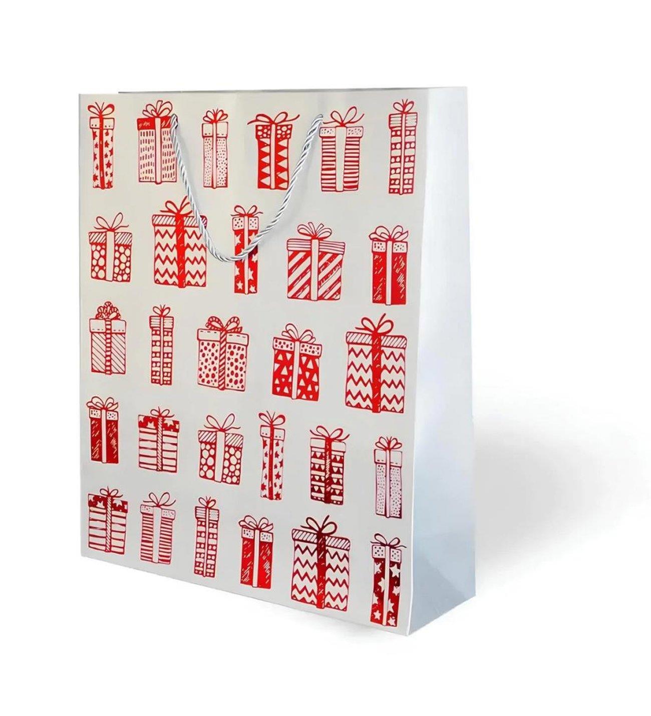 Yılbaşı temalı karton çanta lüks varak baskılı gümüş üstünde kırmızı hediye paketli görselli kordon sap 31*40 cm
