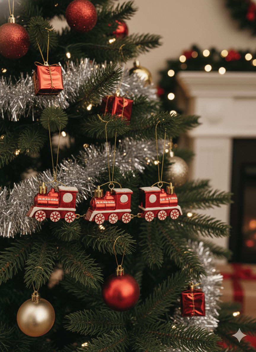 Yılbaşı treni  4 lü Kırmızı simli Yılbaşı Dekoratif Süs 5,5X4,5