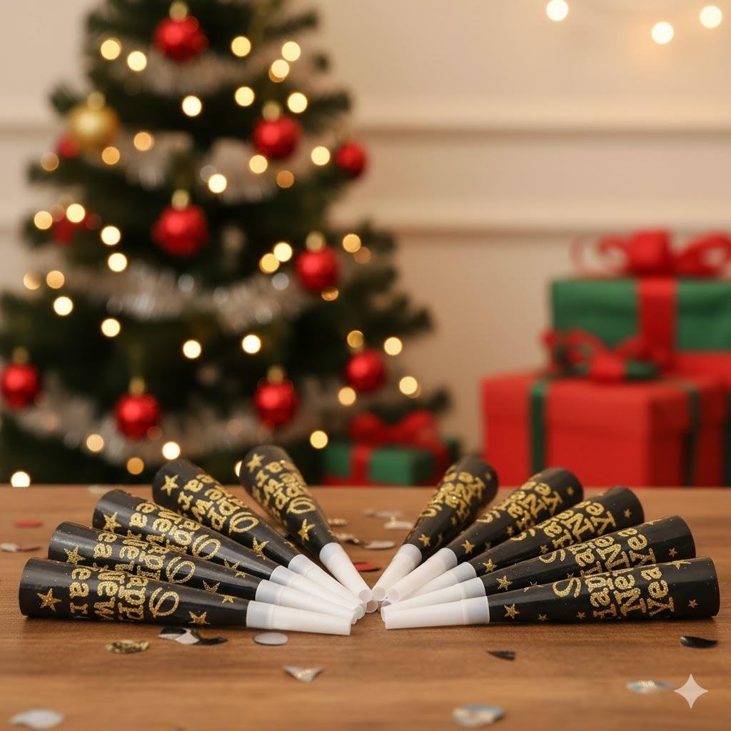 Yılbaşı Vuvuzela 6 lı Paket Happy New Year Yazılı Altın veya Gümüş Simli  Yılbaşı Düdüğü