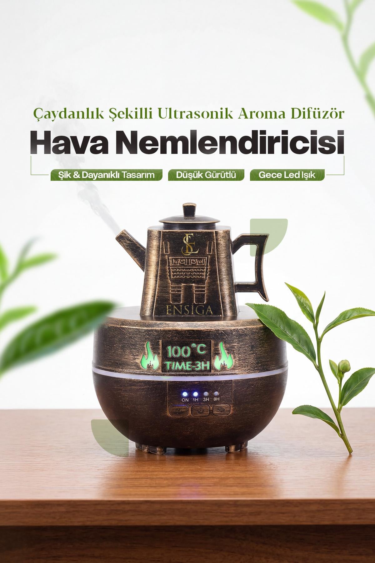 Çaydanlık Şekilli Ultrasonik Aroma Difüzör Uçucu Yağ Konabilir Bronz