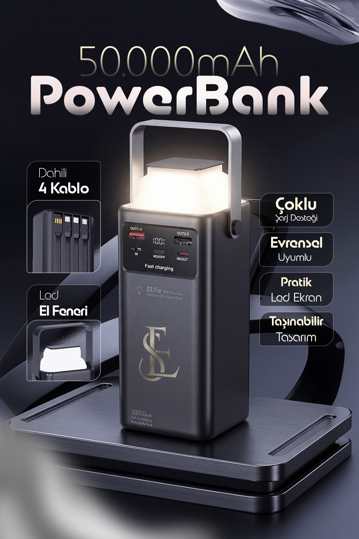 Led Aydınlatmalı 50.000 mAh Taşıma Askı Hızlı Şarj 22,5w Ultra Güçlü Powerbank