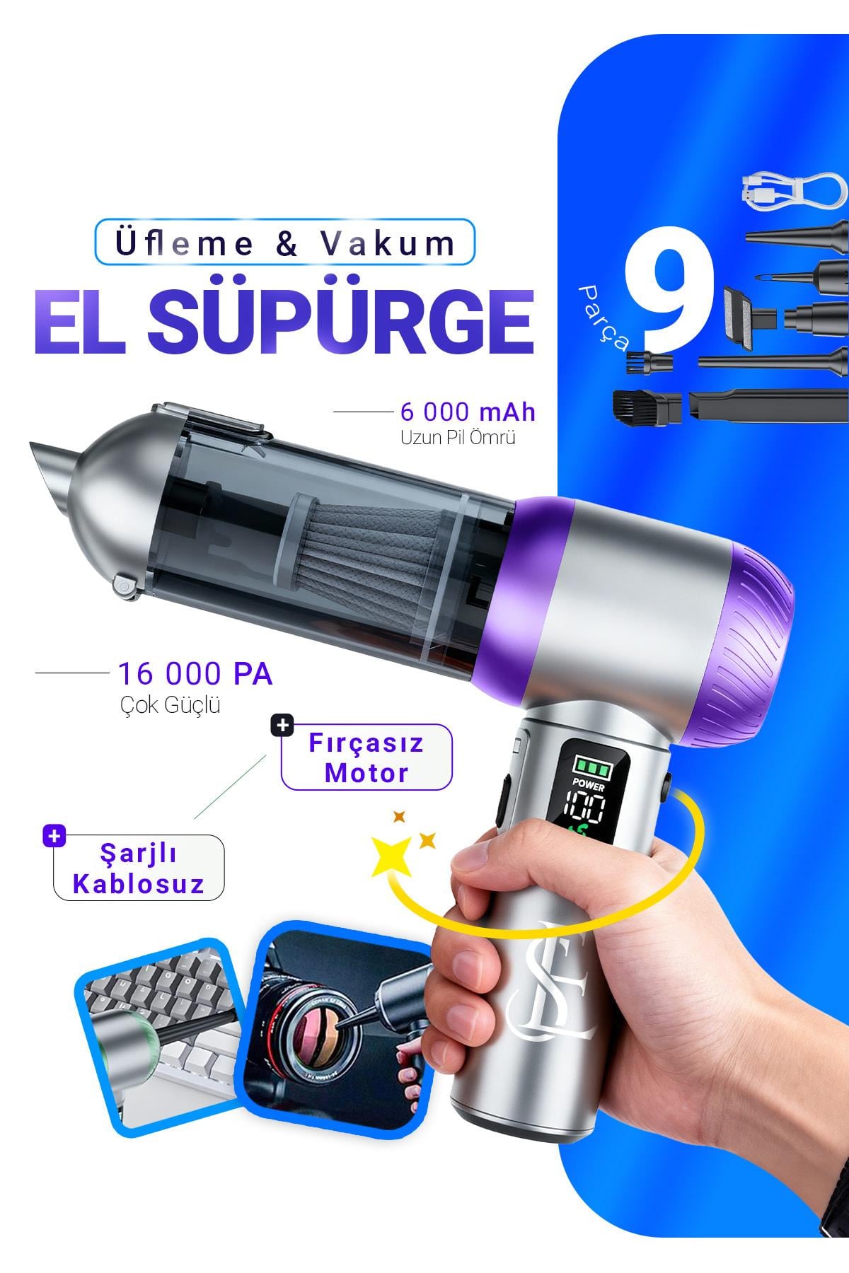 Şarjlı Kablosuz Araç İçi Süpürge | Güçlü Vakum | Fırçasız Motor | Üfleme & Vakum