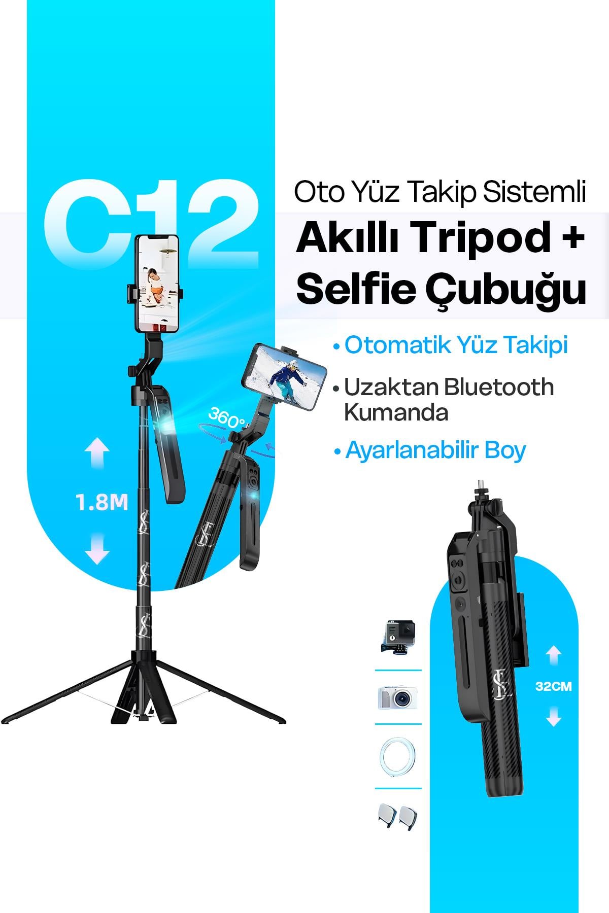 Sistemli Çok Amaçlı Bluetooth Kumandalı Akıllı Tripod + Selfie Çubuğu 180cm