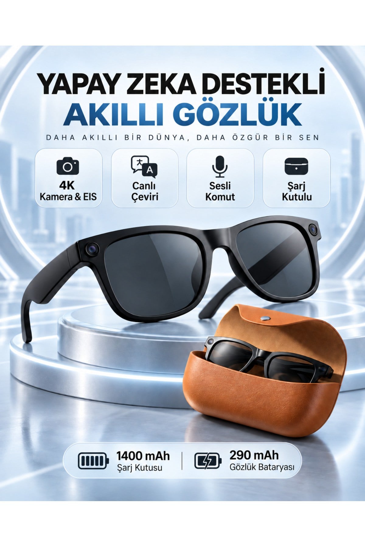 Video Kamera Kameralı 4K EIS Stabilizasyon Gerçek Zamanlı Çeviri Bluetooth Müzik Görüşme Yapay Zeka Akıllı Gözlük