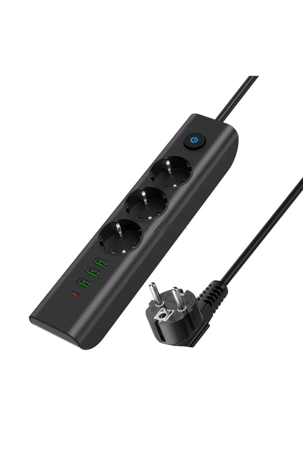 Yeni Akım Korumalı 3 Soket Girişli 3.4 Amper Priz 3xusb Type-c Girişli Uzatma Kablosu
