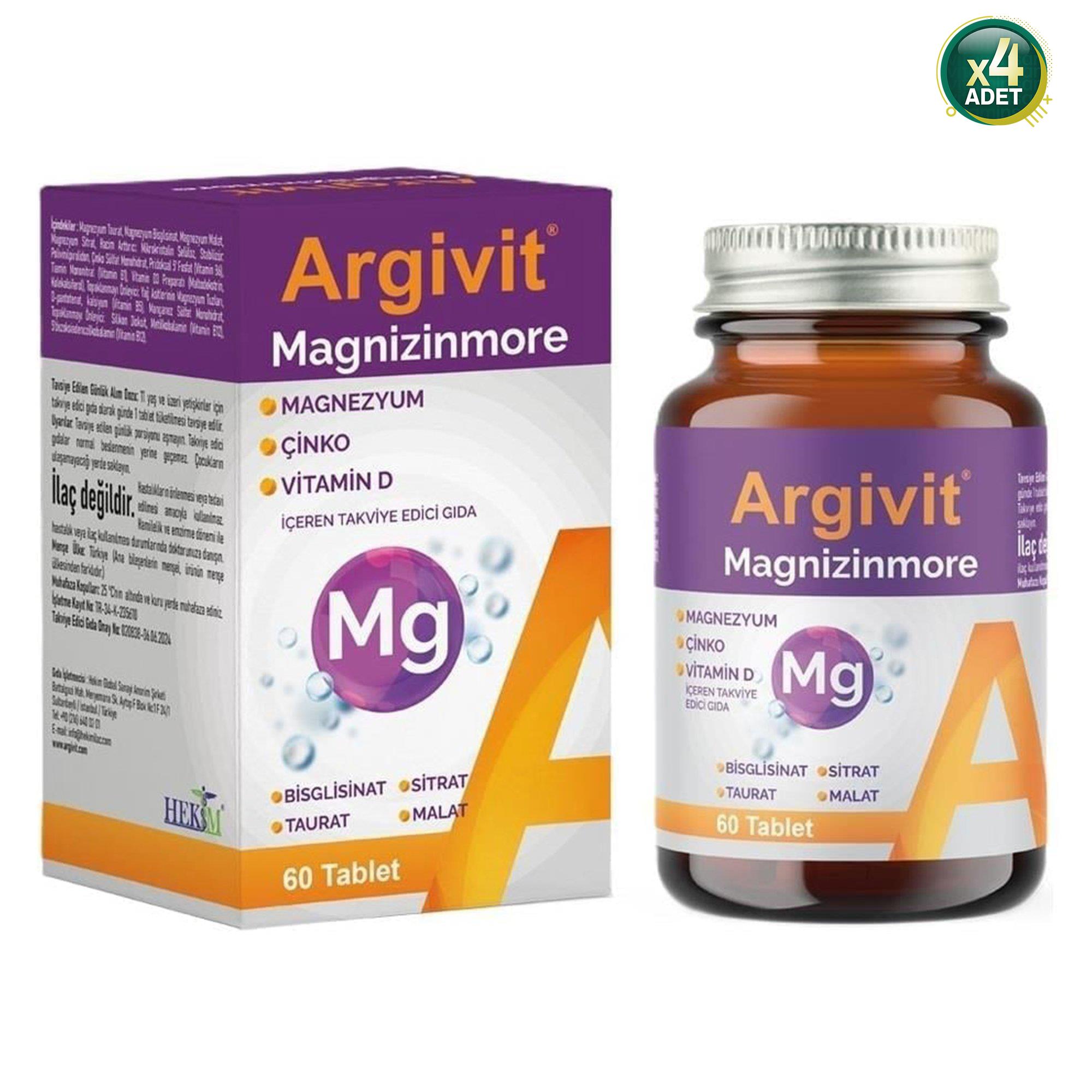 Argivit Magnizinmore Magnezyum, Çinko ve Vitamin D İçeren Takviye Edici Gıda 60 Tablet 4 Adet
