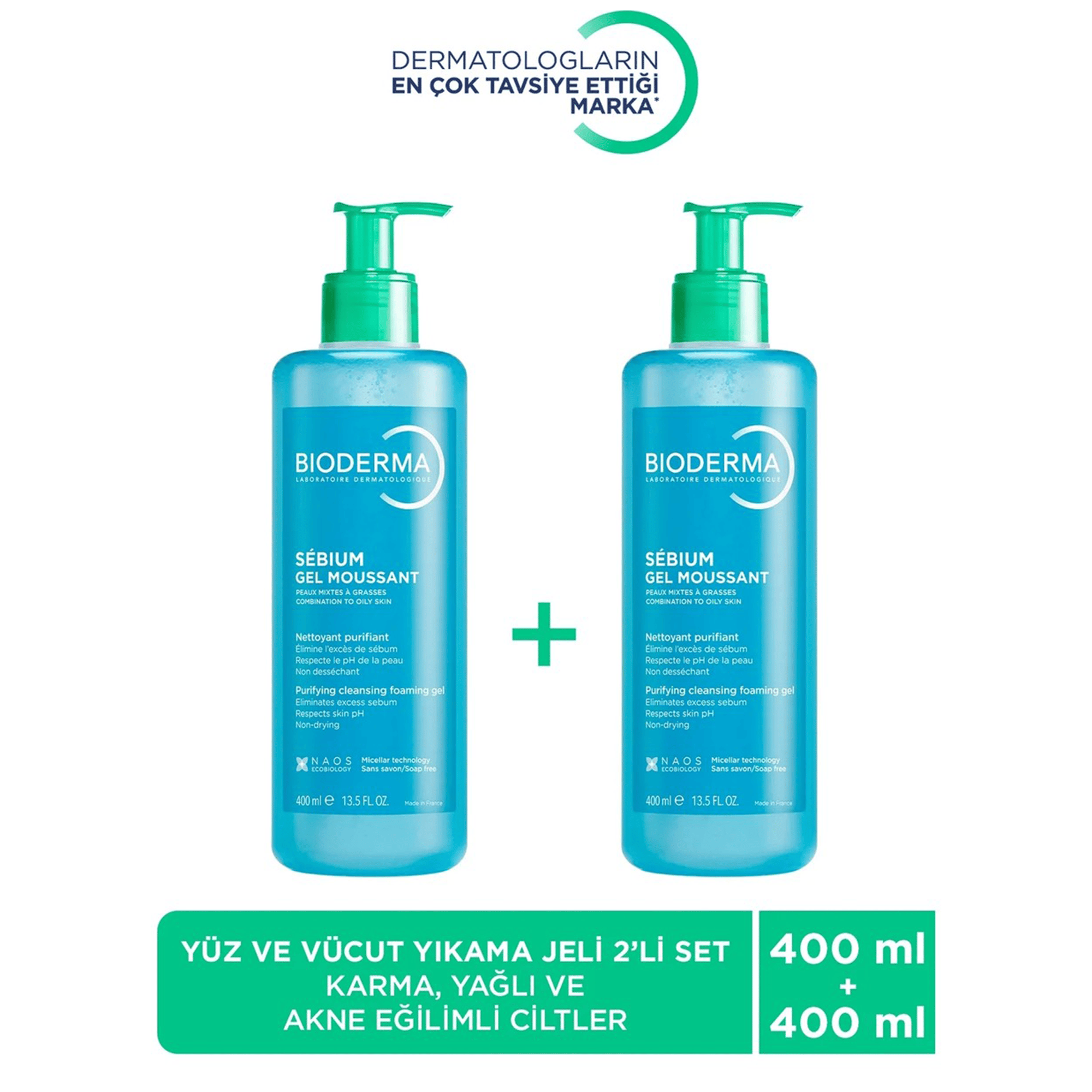 Bioderma Sebium Foaming Gel Karma Yağlı ve Akne Eğilimli Ciltler İçin Yüz Temizleme Jeli 400 ml x 2 adet