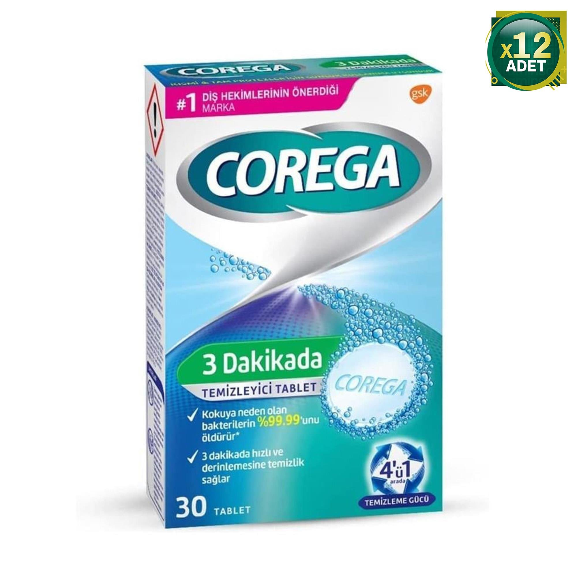 Corega 3 Dakikada Temizleyici 30 Tablet 12 Adet