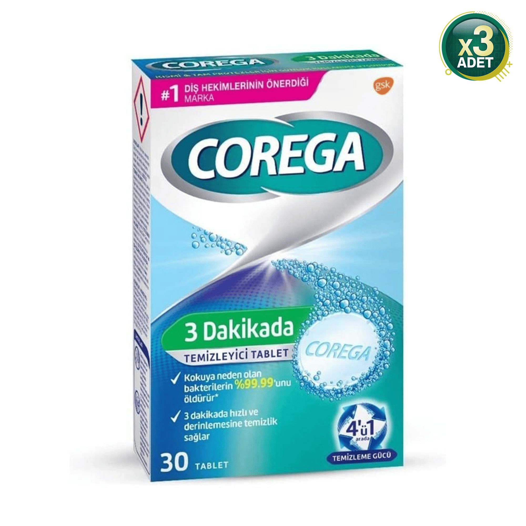 Corega Beyazlatıcı 30'lu 3 Adet Protez Temizleme Tableti