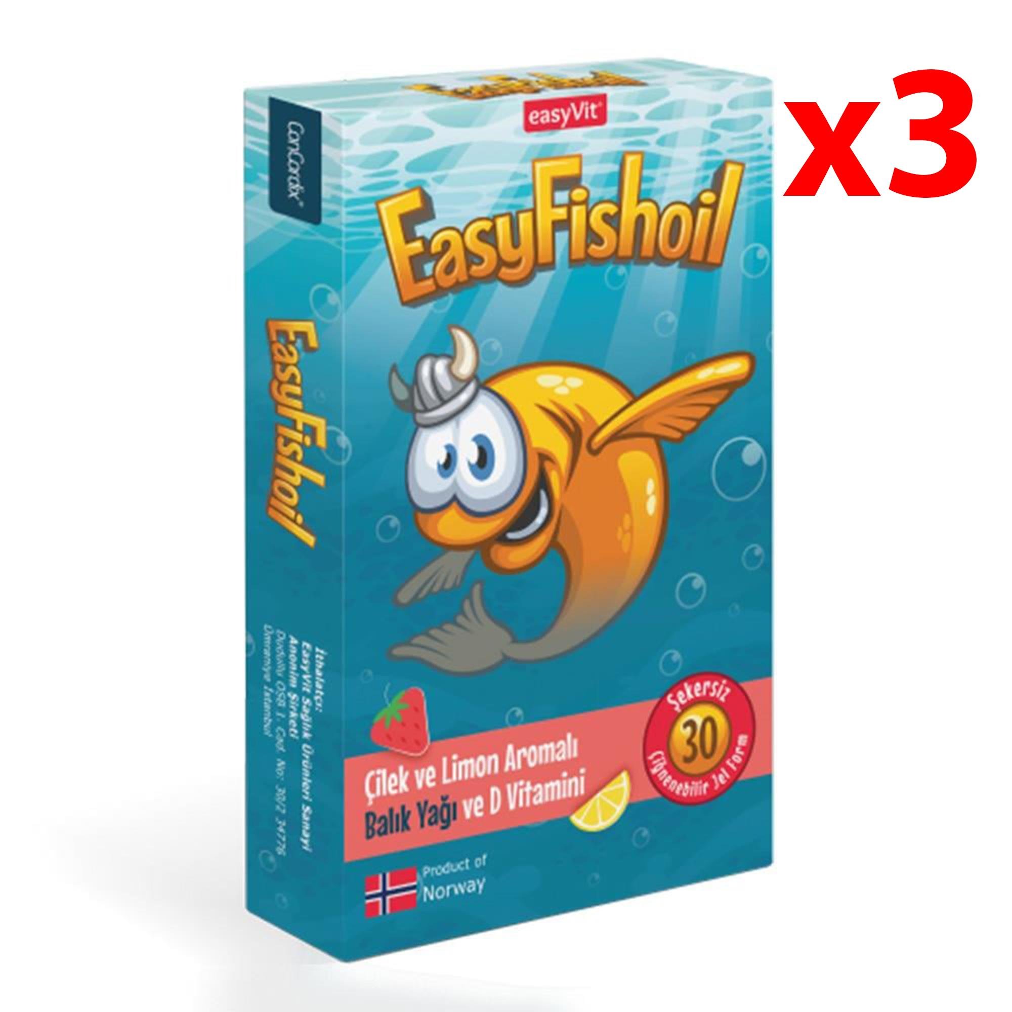 EasyFishoil Omega 3 30 Çiğnenebilir Jel Tablet - Çilek ve Limon Aromalı 3 Adet
