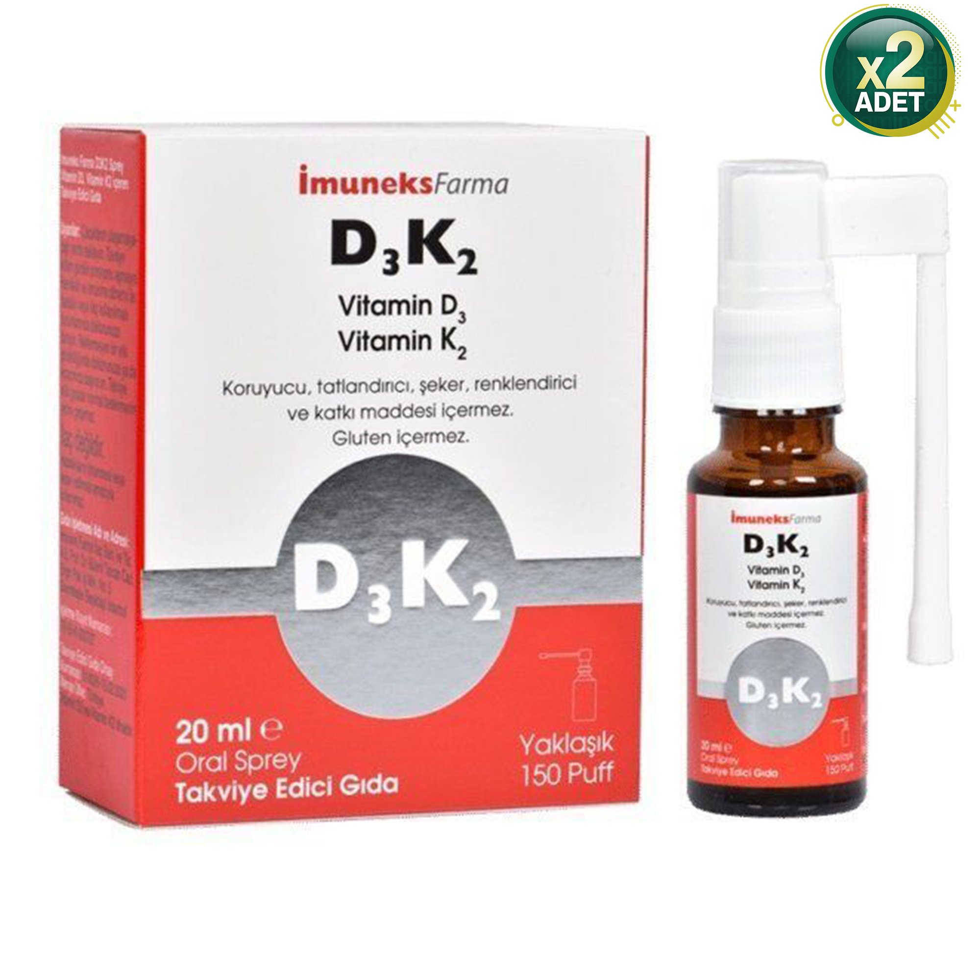 Imuneks Farma D3K2 Sprey Vitamin D3, Vitamin K2 Içeren Takviye Edici Gıda 20 ml x 2 Adet