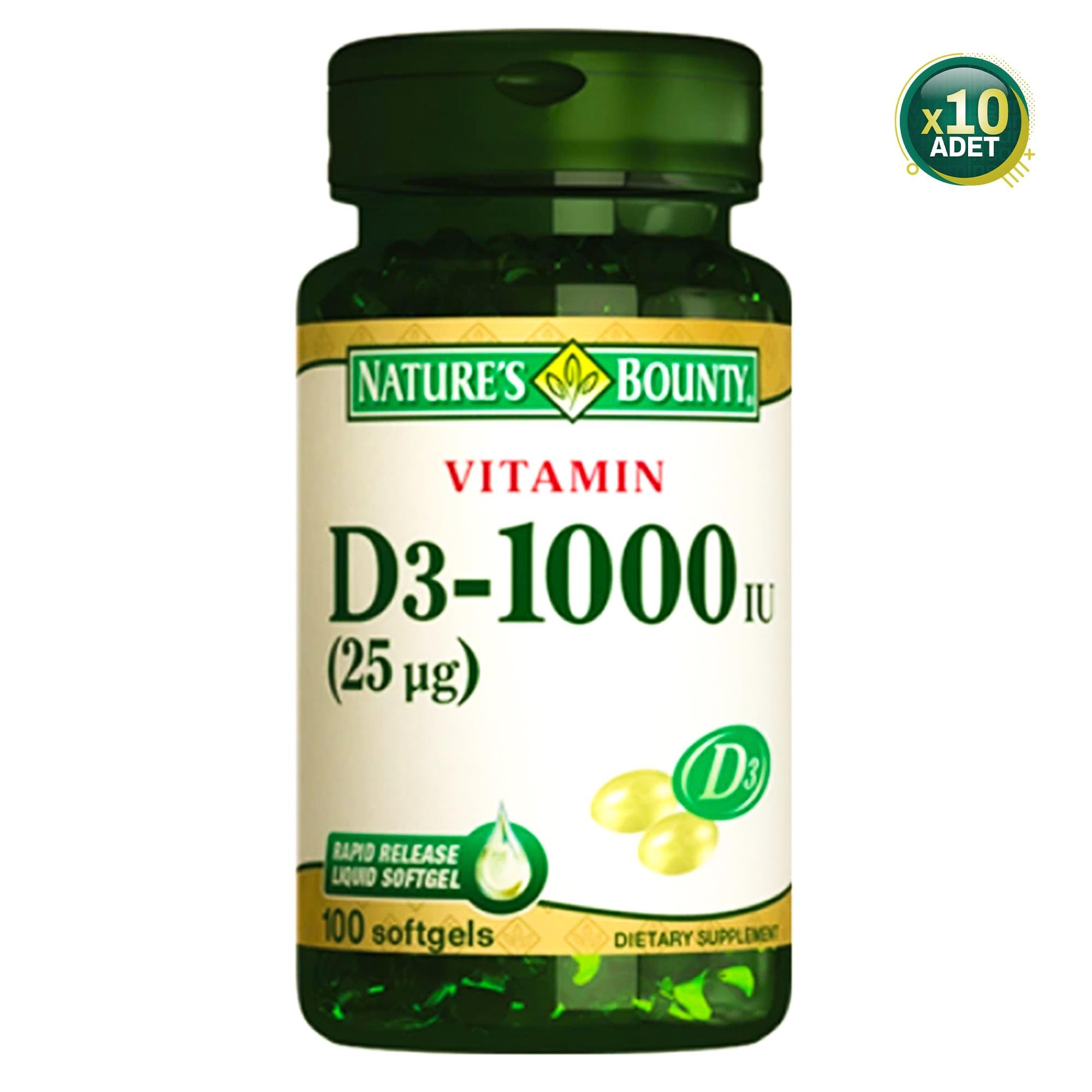 Natures Bounty Vitamin D3-1000 IU 100 Jelatin Kapsül 10 Adet