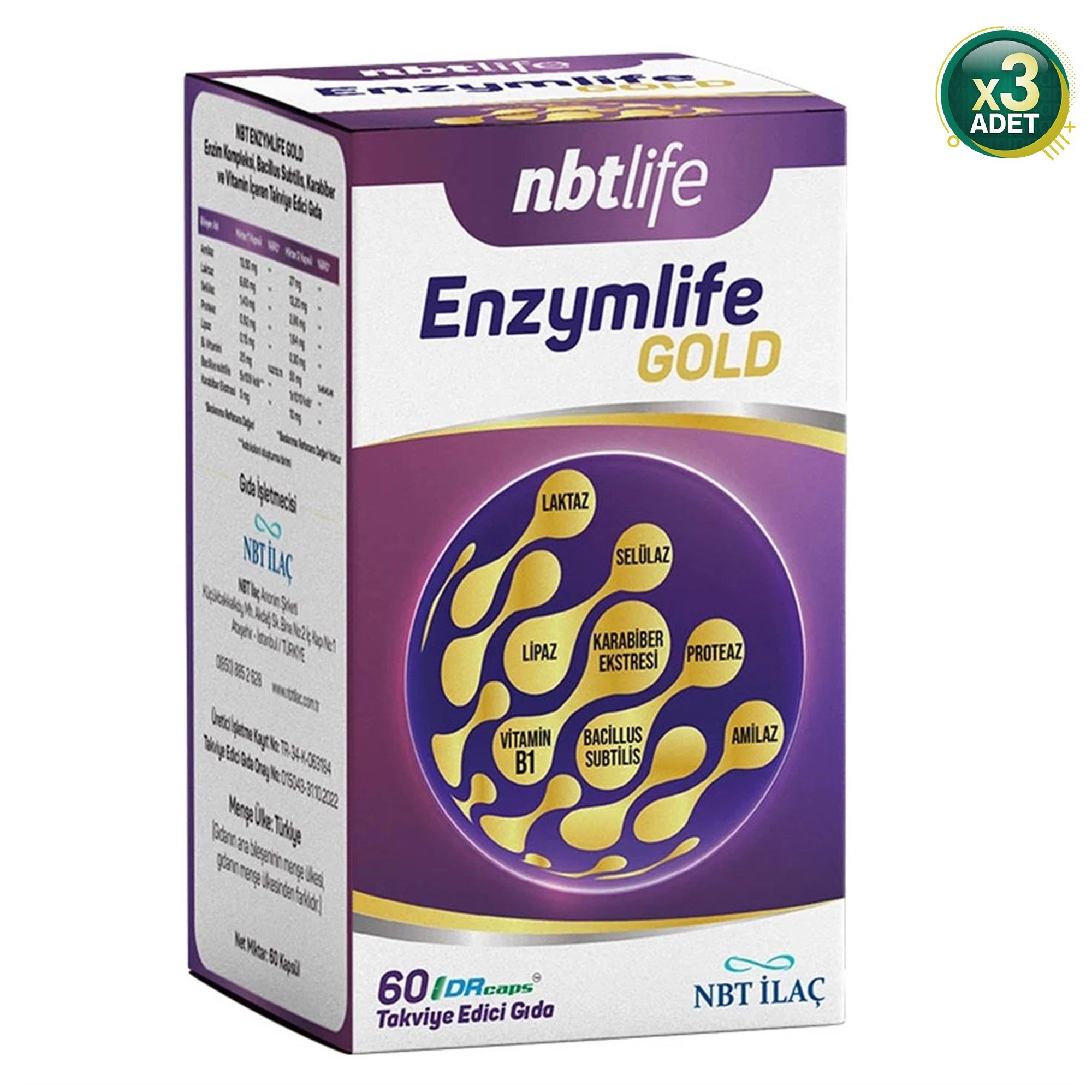 Nbt Life Enzymlife Gold - Çok Yönlü Sindirim Enzimi ve Probiyotik - 60 Kapsül - 3 Adet (Toplam 180 Kapsül)