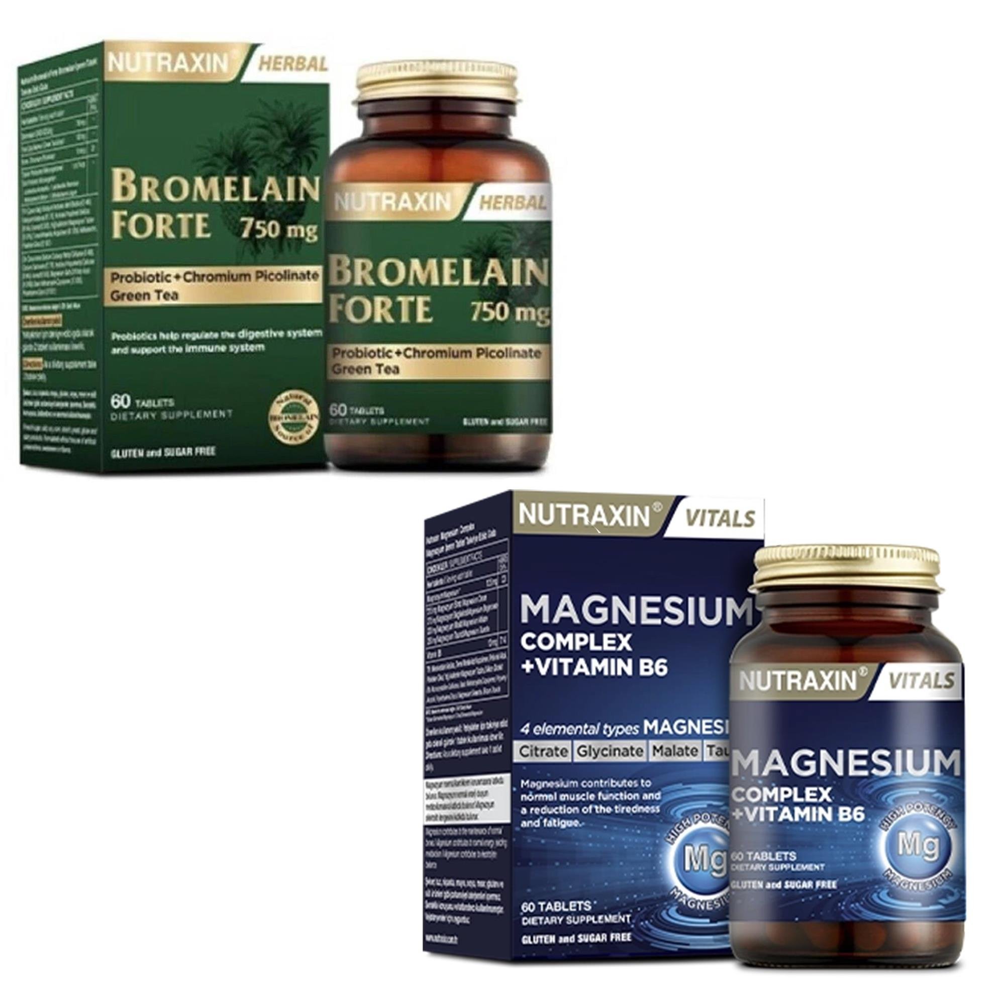 Nutraxin Bromelain Forte 750 Mg 60 Tablet + Nutraxin Magnesium Complex Vitamin B6 60 Tablet
