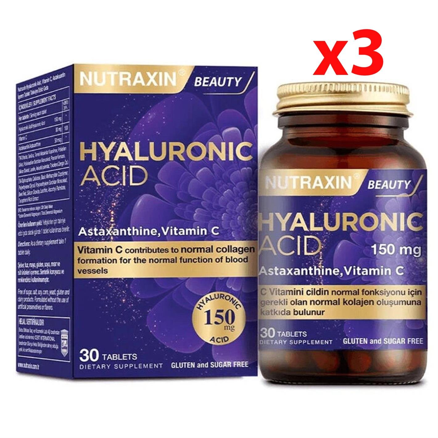 Nutraxin Hyaluronik Asit Takviye Edici Gıda 30 Tablet 3 Adet